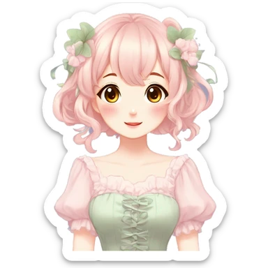 Gorgeous anime style lady with blushing face and a dress cottagecore fairycore  Kawaii anime colorful pearly romantic simplistic aesthetic trending style sticker