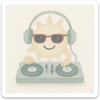 A smiling sun with headphones and DJ turntables, wearing stylish sunglasses, watercolor art style sticker