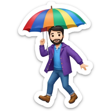 A dark-haired boy with a white beard dancing with an umbrella in the rain sticker