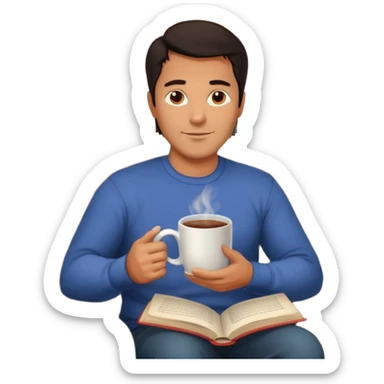Handsome 45 year old man with dark hair sitting by a fireplace with a hot drink and a book. sticker