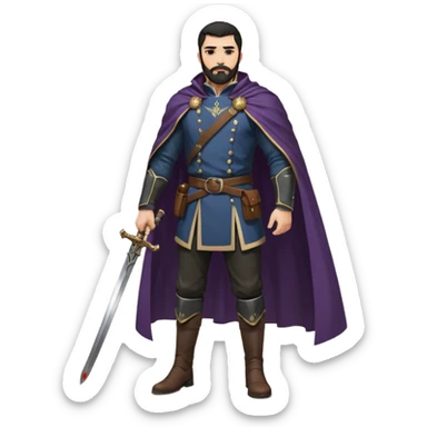 
Hombre de unos 30-40 años, alto, fuerte..
Rostro anguloso, barba bien recortada, cejas marcadas, mirada dura y orgullosa.
Castaño oscuro o negro, peinado hacia atrás.
Ropa de noble — chaqueta ajustada, capa corta, botas altas y espada al cinto. Colores oscuros (rojo vino, negro, granate) sticker