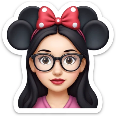Woman Long dark hair wearing glasses Minnie mouse ears sticker