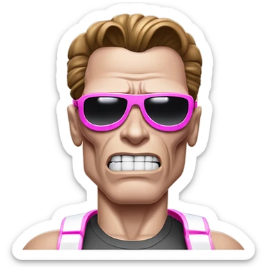 Crying Schwarzenegger-like Terminator, upper body only, wearing his iconic clothes in pink (all clothes must be pink), looking more human with minimal robotic details, and wearing dark sunglasses. sticker