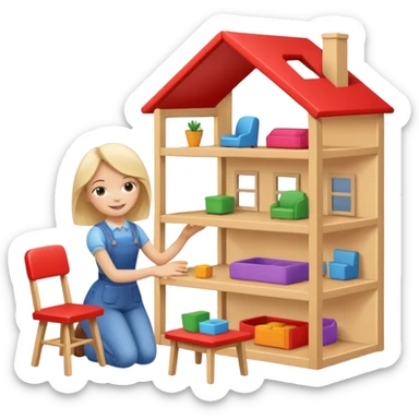 smiling girl arranging furniture in doll house sticker