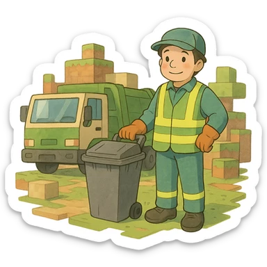 ghibli style garbage man in a Minecraft setting, soft colors sticker