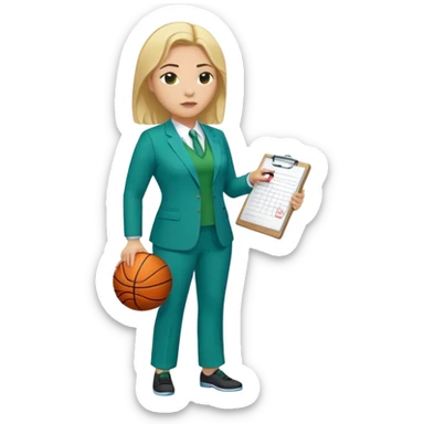 Full Body white plus size female basketball head coach using a clipboard with medium length blonde hair in a blue and green suit sticker