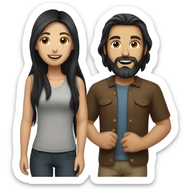 A girl with long black hair and a man with brown hair and beard sticker