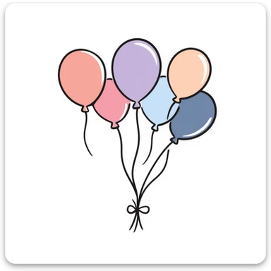Colorful birthday balloons with strings. Hand-drawn doodle style using pastel colors (pink, light blue, lavender, peach). Simple festive balloon bunch with different shapes and sizes. Celebratory design perfect for birthdays. sticker