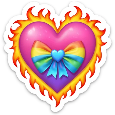 neon heart with a rainbow bow with heart pattern on the bow, with flames sticker