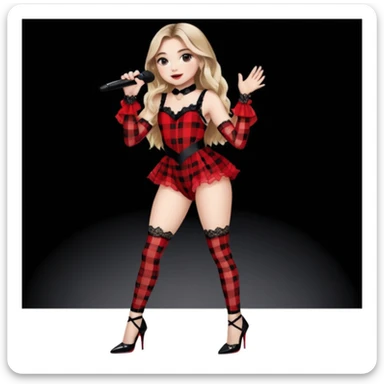 Sabrina carpenter singing at concert wearing a black and red plaid bodysuit a red sheer top covering the bodysuit, a strip of black lace around her leg, black sparkle heels. there is a  huge crowd and light pink stage setting  sticker