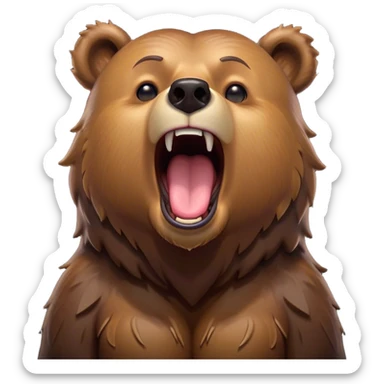 Cinematic Cute Yawning Grizzly Bear Portrait Emoji, Head tilted slightly with a dramatic, wide-open yawn, showcasing a thick, rugged deep brown fur with drooping ears, round eyes barely open in drowsy contentment, Simplified yet irresistibly adorable features, highly detailed, glowing with a soft, cozy glow, high shine, relaxed yet expressive, stylized with a touch of wild whimsy, bright and endearing, soft glowing outline, capturing the essence of a sleepy yet affectionate grizzly, so drowsy it feels like it could stretch out of the screen and curl up for a nap! sticker