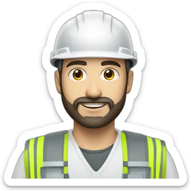 A young Turkish electrical engineer with a full beard, a white helmet and a phosphorescent protective vest sticker