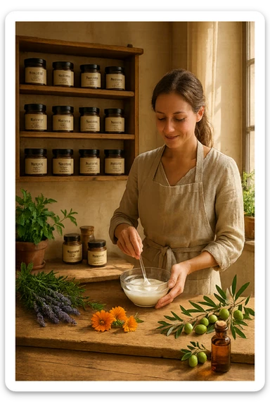 A realistic, high-quality photo of a small artisan skincare laboratory in Italy, with wooden shelves displaying beautifully packaged glass jars of natural creams made with herbal and botanical extracts, olive oil, and essential oils, clearly labeled ‘100% Natural’ and ‘Artisan Made in Italy’. The scene includes a bright, sunlit rustic workspace with plants, fresh lavender, rosemary, calendula flowers, and olive branches on the wooden counter, symbolizing purity and nature. A female artisan in a linen apron is carefully mixing creams in a glass bowl, smiling softly. The environment feels warm, authentic, and eco-friendly, emphasizing the concept of handcrafted skincare without synthetic chemicals sticker