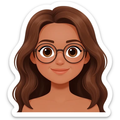 Faça uma menina de olhos grandes lábios um pouco fino, cabelos longos levemente ondulados castanhos com olhos castanhos pele morena e com óculos sticker