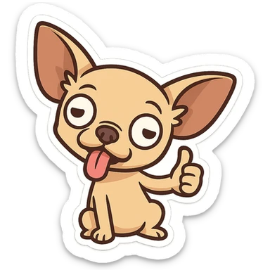 Cat emoticon pack, a demented Chihuahua, tilting its head, sticking out its tongue, and giving a thumbs up, looking unintelligent and with an ambiguous expression sticker