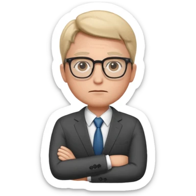 Illustrate Gus in a business suit with glasses, hands folded & serious gaze. sticker