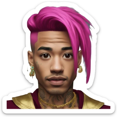 Vintage patina intricate swirls gold jewellery baroque raven wings angel tropical Deep pink maroon burgundy cyan dark hoodie man vitiligo dyed hair gold piercings nose piercing ear piercings sticker