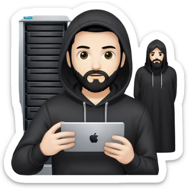 hackeur blanc cheveux noir barbe et capuche noir à côté d'un server sticker