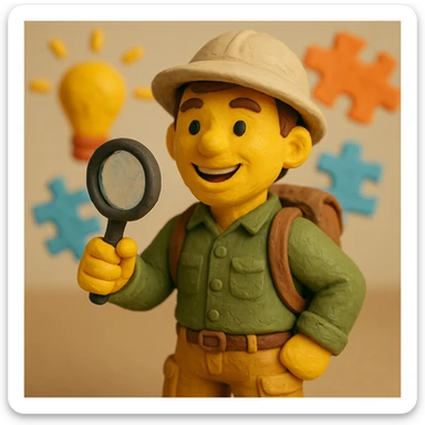 Create a realistic emoji character named Master Hunt. He is a young adult with short brown hair, wearing a casual explorer outfit that includes a button-up shirt and cargo pants. He has a backpack and a safari hat. In one hand, he holds a magnifying glass, and he has an enthusiastic smile on his face. The background should be light and vibrant, incorporating elements like light bulbs and puzzle pieces to symbolize creativity and a positive work culture. sticker