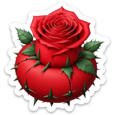 Deep red (#7A0F1E) no gradients, transparent background, high contrast, clean gothic aesthetic, designed to be readable at 128x129px a red rose wrapped around a bomb covered in thorns sticker