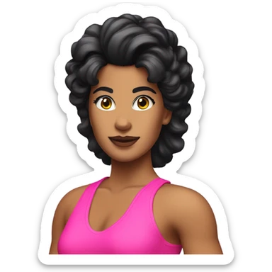 Tanned woman with black hair dressed in 1980s fitness hair, makeup, and neon attire  sticker
