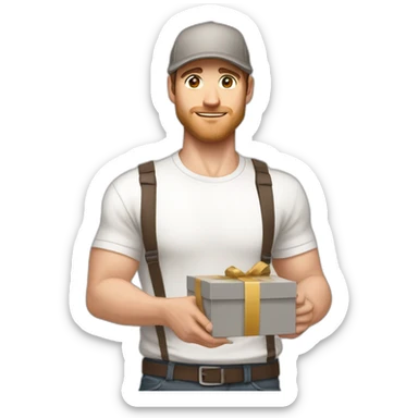 Pale skinned fit Man with dark brown hair in a light gray cap, dark brown jeans, brown polo and white T-shirt keeping a pasted with tape white box into his hands sticker