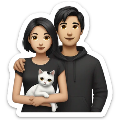 girl and boy with black hair and black and white cat sticker