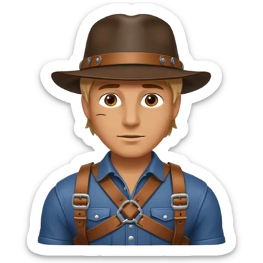 a leather Dom with a leather hat and chest harness sticker