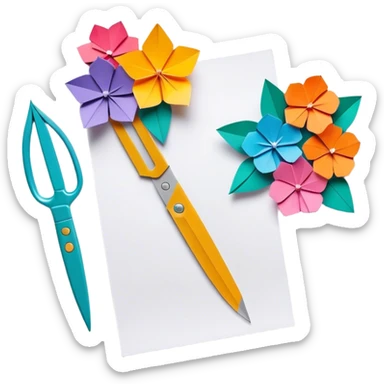 Paper crafting icon, colorful paper sheets, origami figures, 3D paper flowers, scissors and craft knife, minimalistic style, clean lines, transparent background. sticker
