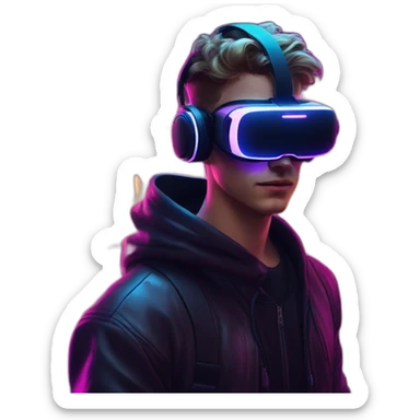 Russian young man wearing a black hoodie with "OMG" letters on it and VR headset in a cyberpunk VR environment with violet neon lighting. sticker