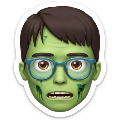 an emoji of a male green zombie with dark brown hair and female bangs that cover your entire forehead and extend to your eyebrows, wearing square, bluish glasses. sticker