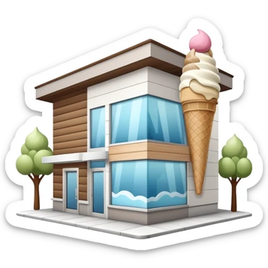 ice cream store at an angle, modern building wood, gray, white materials modern, at an angle sticker