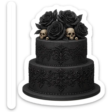 Gothic cake decorated with black lace, dark roses, tiny skulls, and ornate gothic filigree, no background, in a general style. sticker