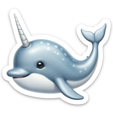 Cinematic Noble Cute Narwhal Portrait Emoji, Poised and graceful, with a streamlined, gently curved body clad in mottled, silvery-gray skin, accented by a long, spiraled ivory tusk and wide, expressive eyes radiating playful intelligence, Simplified yet sharp and sophisticated features, highly detailed, glowing with a cool, frosted ocean glow, high shine, intelligent and enigmatic, stylized with an air of whimsical marine majesty, focused and graceful, soft glowing outline, capturing the essence of a watchful and confident cute narwhal that appears ready to glide out of the screen with effortless charm! sticker