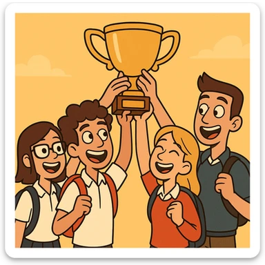 four students in a warm atmosphere lifting a trophy, modern cartoon style, bright background sticker