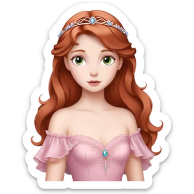 Cinematic Elegant Sleeping Beauty Portrait Emoji, rendered in a realistic, vector-style with minimal shading and bold, simplified shapes. Depict Aurora (Sleeping Beauty) (chest and above) with delicate porcelain skin, soft auburn hair styled gracefully, and gentle, dreamy eyes, dressed in her classic pink gown. The image glows with a soft, enchanting radiance and high shine, capturing timeless regal beauty. sticker