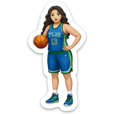 Full Body light skin Latino plus size full figured women basketball player with long wavy dark hair  wearing blue and green uniform sticker