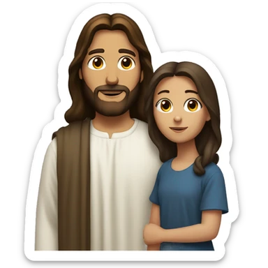 brunette girl standing next to jesus sticker