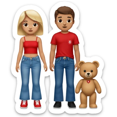 A boy and a girl teddy bear for the boy bear put on true religion shirt and jeans with black shoes and for the girl put flare jeans and a red tube top and white shoes just bears not the humans  sticker