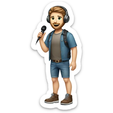 full body caucasian IT technology guy wearing jean shorts with headset and microphone and brown hair sticker