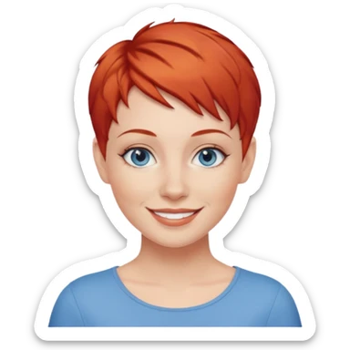 27 year old white woman, red hair, pixie cut, blue eyes sticker
