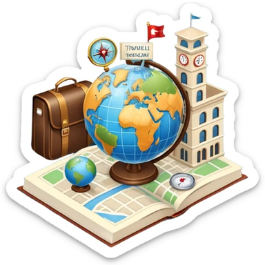 An icon featuring a hotel building, and a globe, symbolizing the scientific study of tourism and hospitality. The design includes a map, a compass, and a checklist, representing travel planning and service management. Transparent background highlights the academic exploration of the tourism industry sticker