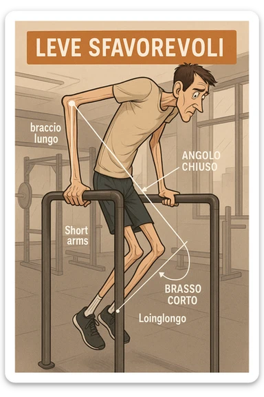 a tall, lean man with very long arms and a short torso attempts a dip on parallel bars. His elbows are deeply bent and his body appears awkwardly positioned, highlighting the mechanical disadvantage. An overlay shows anatomical lines and angles, with labels explaining “Leve Sfavorevoli” The background is a modern gym, with a focus on biomechanics. in italiano sticker