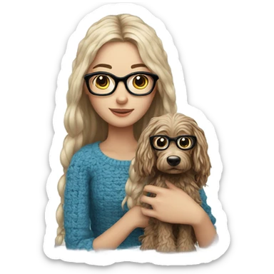 Long hair girl with blue eyes and glasses with a little crochet dog in her arms  sticker