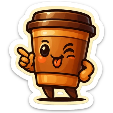 Tall coffee cup, pointing, winking, clinking tongue, cocky sticker