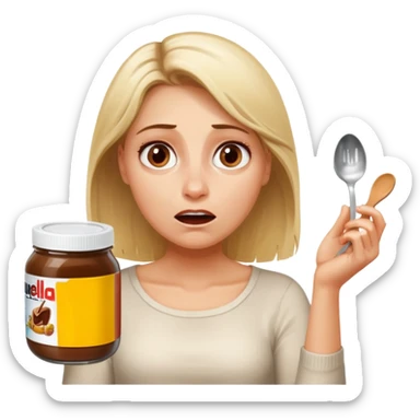 Nutella with a spoon. The glas of Nutella is almost empty . Only the one carriage of Nutella. Next to the Nutella is the head of a blond woman who is desperate to eat the Nutella  sticker