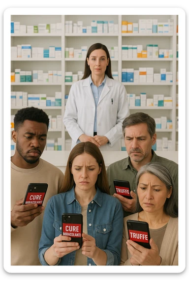 Realistic, vertical scene: a group of people in a pharmacy, some looking confused or skeptical as they read sensationalist headlines on their phones about “Cure Miracolanti” or “Truffe” A pharmacist stands behind the counter, ready to offer evidence-based advice. The atmosphere is educational, highlighting the importance of consulting professionals. sticker