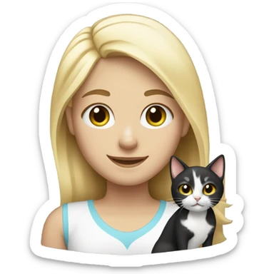 Blonde smiling girl holding a cat with black and white markings sticker