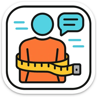 iOS app icon featuring a tape measure wrapped around a simplified body shape, with digital scan lines, representing scanning and personalized weight loss tips sticker