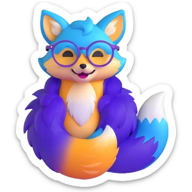 A magical fox with shimmering purple and blue fur, a glowing tail, a silver star on its forehead, and round glasses, laughing so hard that tears are streaming from its eyes sticker